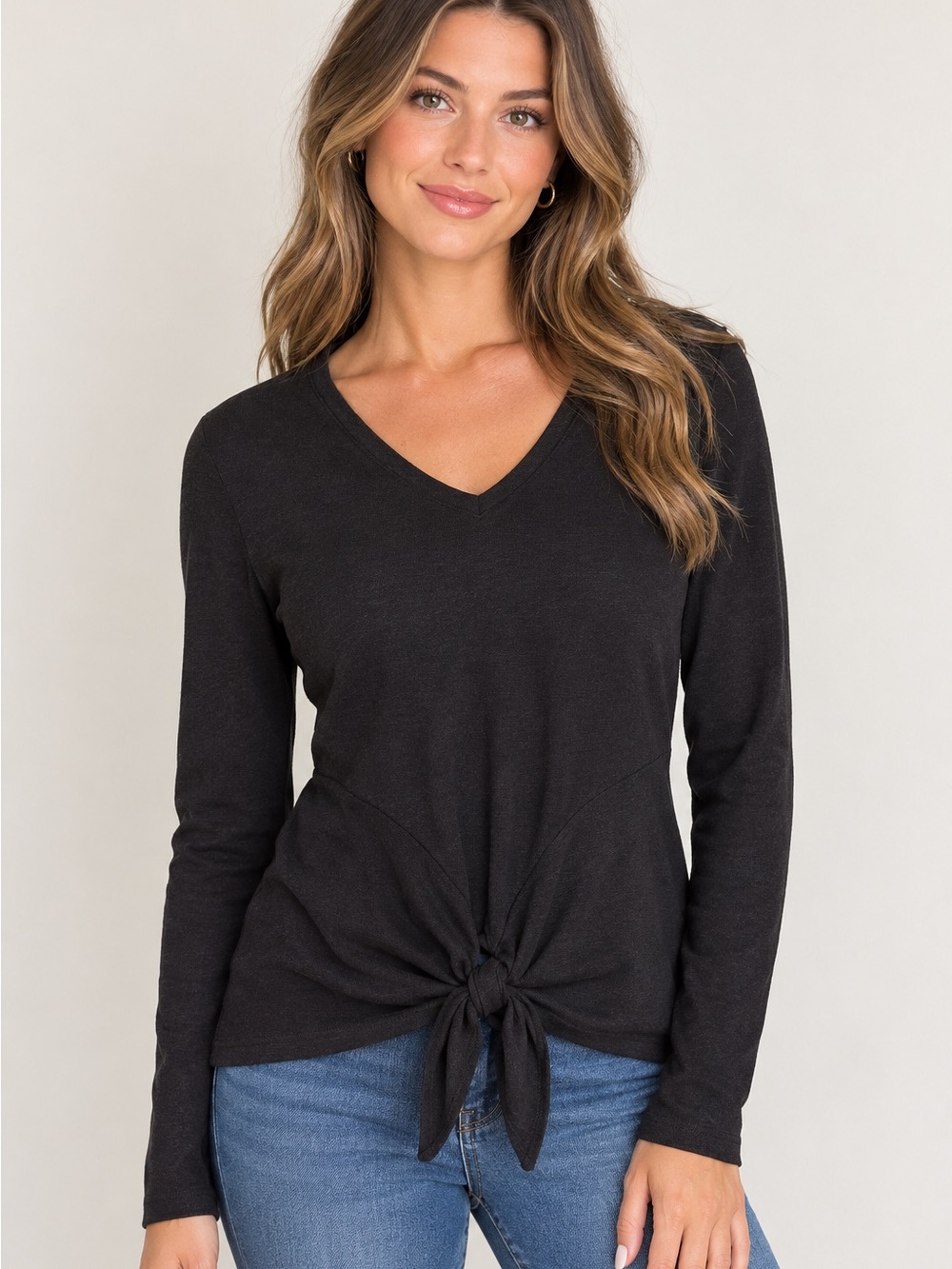 Alya Black V-Neck Long Sleeve Tie-Knot Top